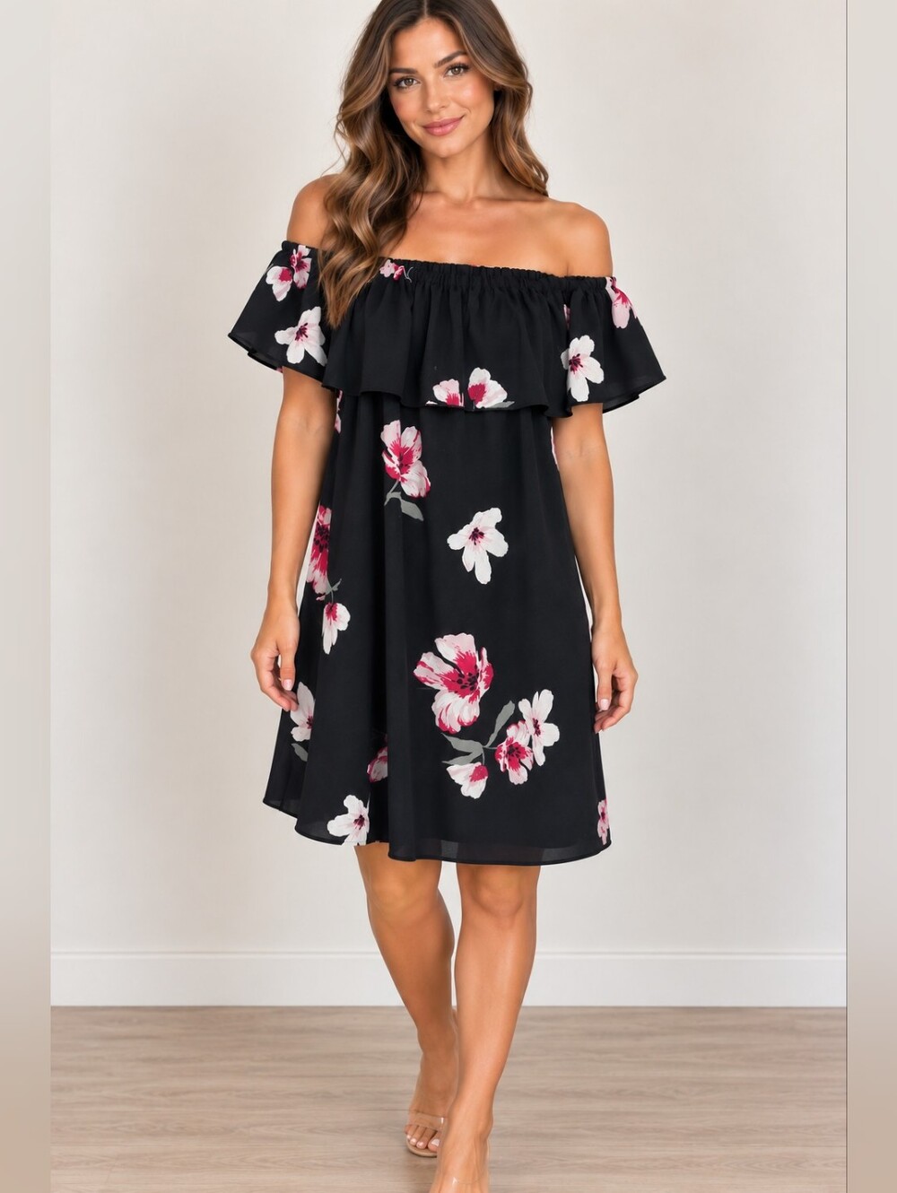 Wilfred Black Off-Shoulder Floral Dress with Pink & White Blossoms